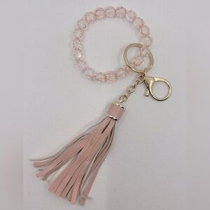 Wristlet Bracelet Keychain Pink Clear Plastic Beads With Pink Tassel NEW